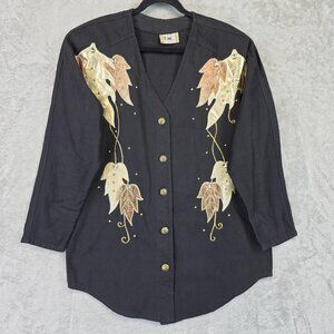 Cactus California Shirt Womens Size Unmarked Black Embroidered Leaf Tunic Top